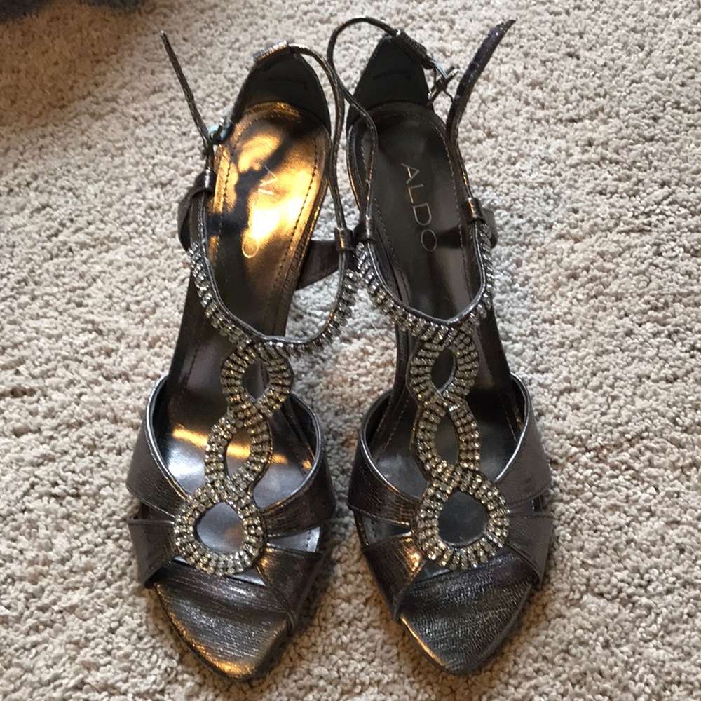 Pewter Strappy Open Toe Heels